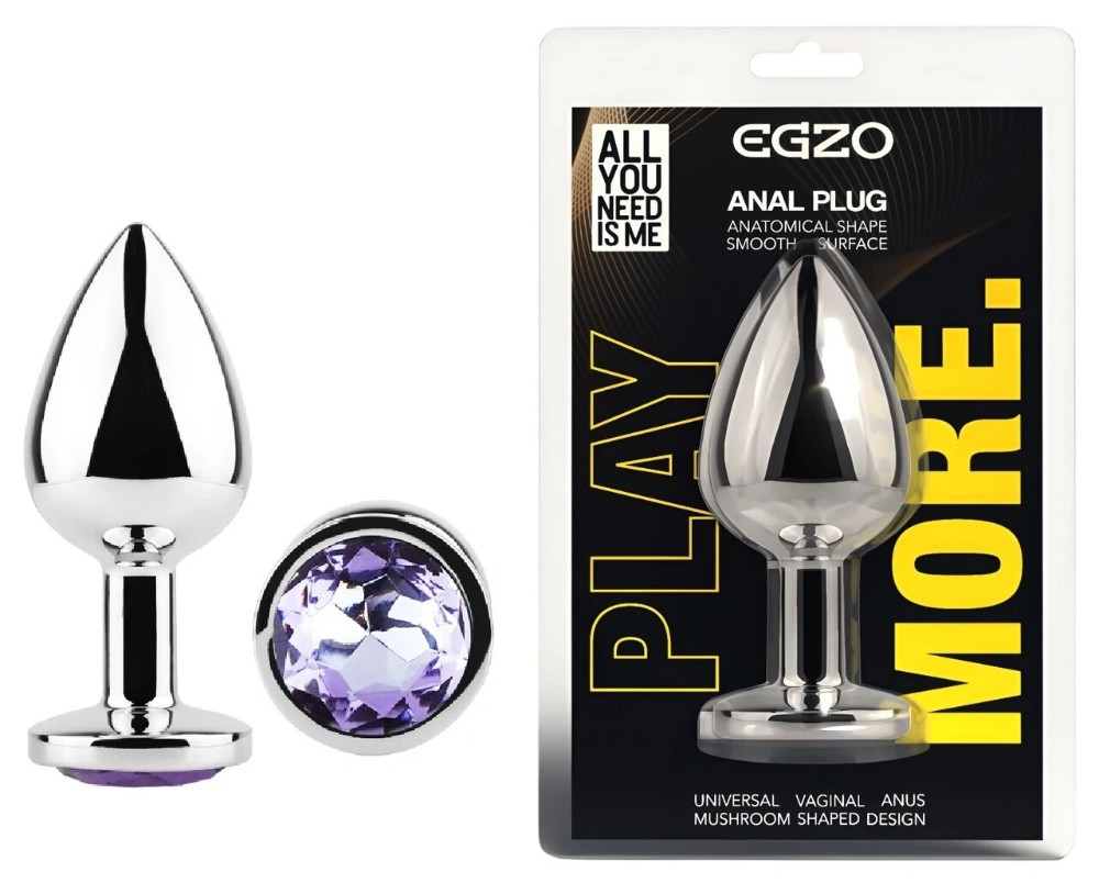 Анальная пробка EGZO Silver Round Plug S из нержавеющей стали, с аметистовым кристаллом, 70 мм - зображення 1