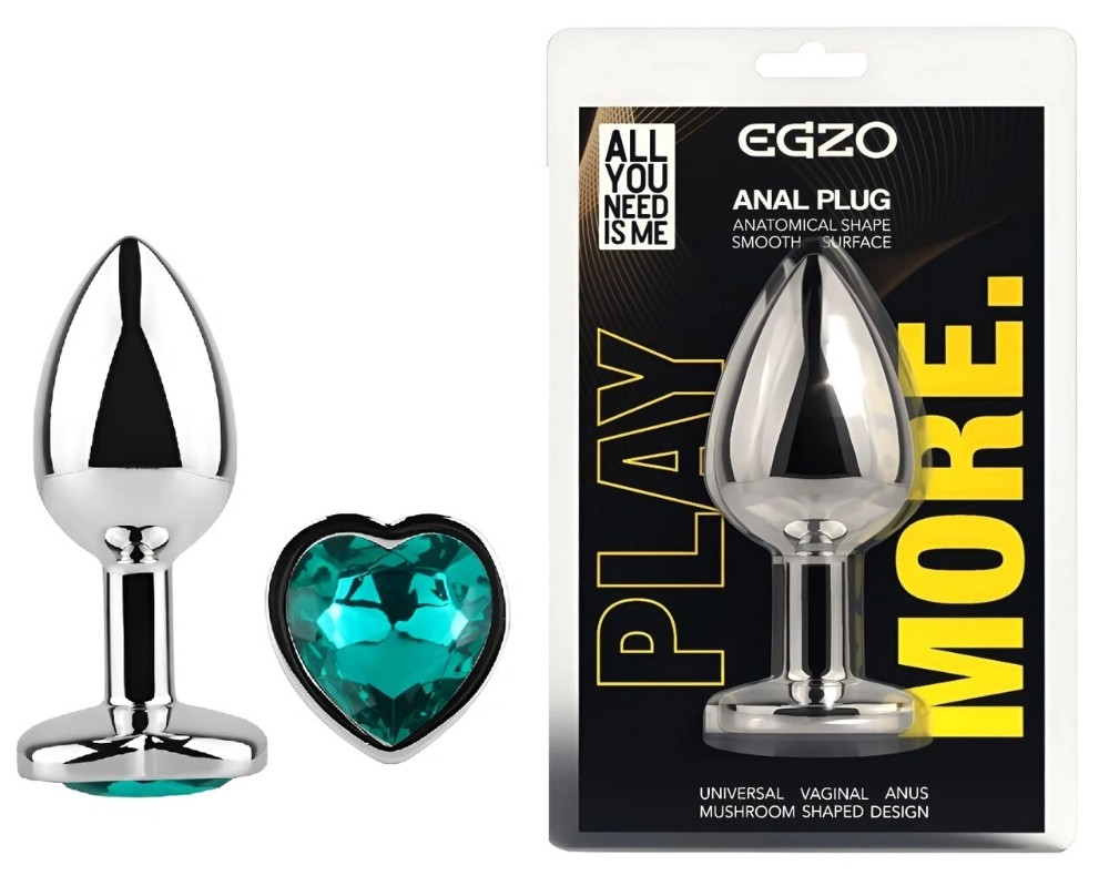 Анальная пробка EGZO Silver Heart Plug S, серебристая с бирюзовым кристаллом в форме сердца - зображення 1