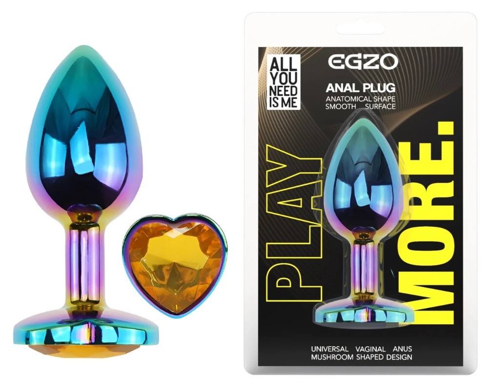 Анальная пробка EGZO Multicolor Heart Plug M с жёлтым кристаллом, металлическая - зображення 1