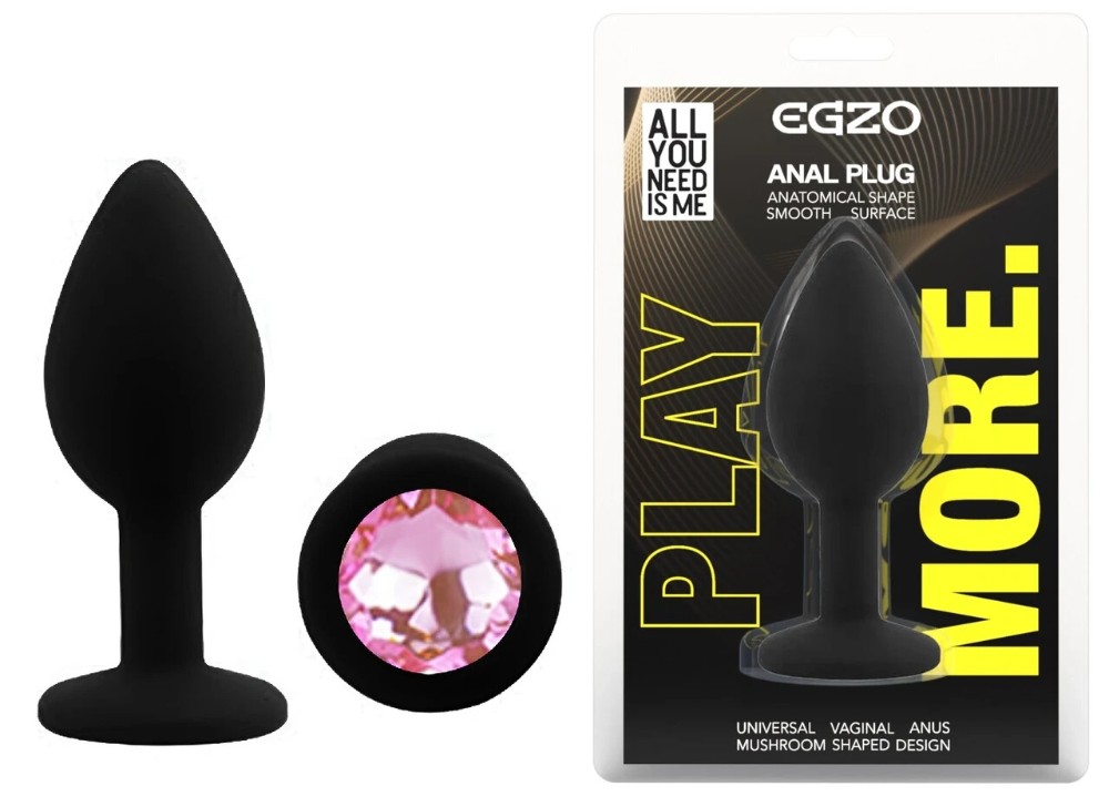 Анальная пробка EGZO Silicone S черная с розовым кристаллом из медицинского силикона - зображення 1