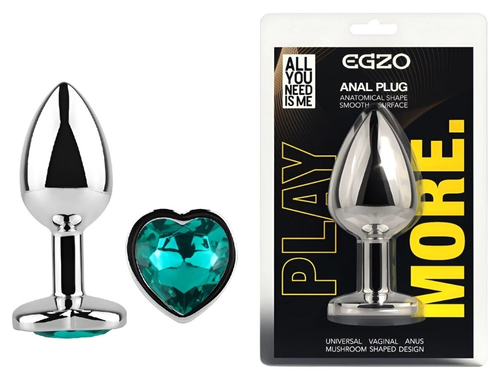 Анальная пробка EGZO Silver Heart Plug Marine M из нержавеющей стали с кристаллом в форме сердца - зображення 1