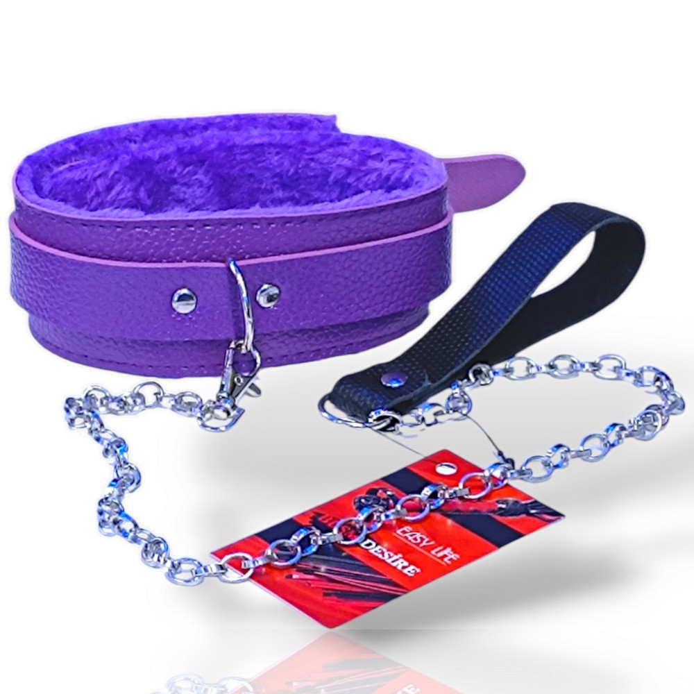 Мягкий фиолетовый ошейник "Love leash" с цепочкой-поводком и удобным черным держателем Экокожа-металл - зображення 1