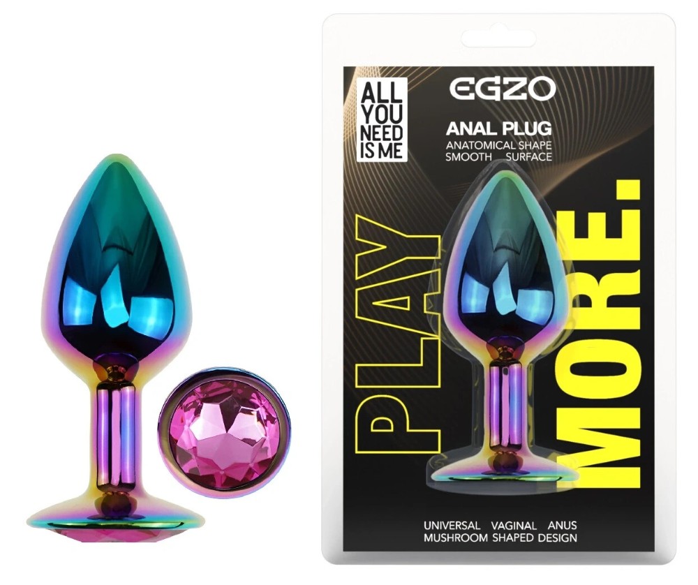 Анальная пробка EGZO Multicolor Round Plug S с розовым кристаллом, радужная металлическая - зображення 1