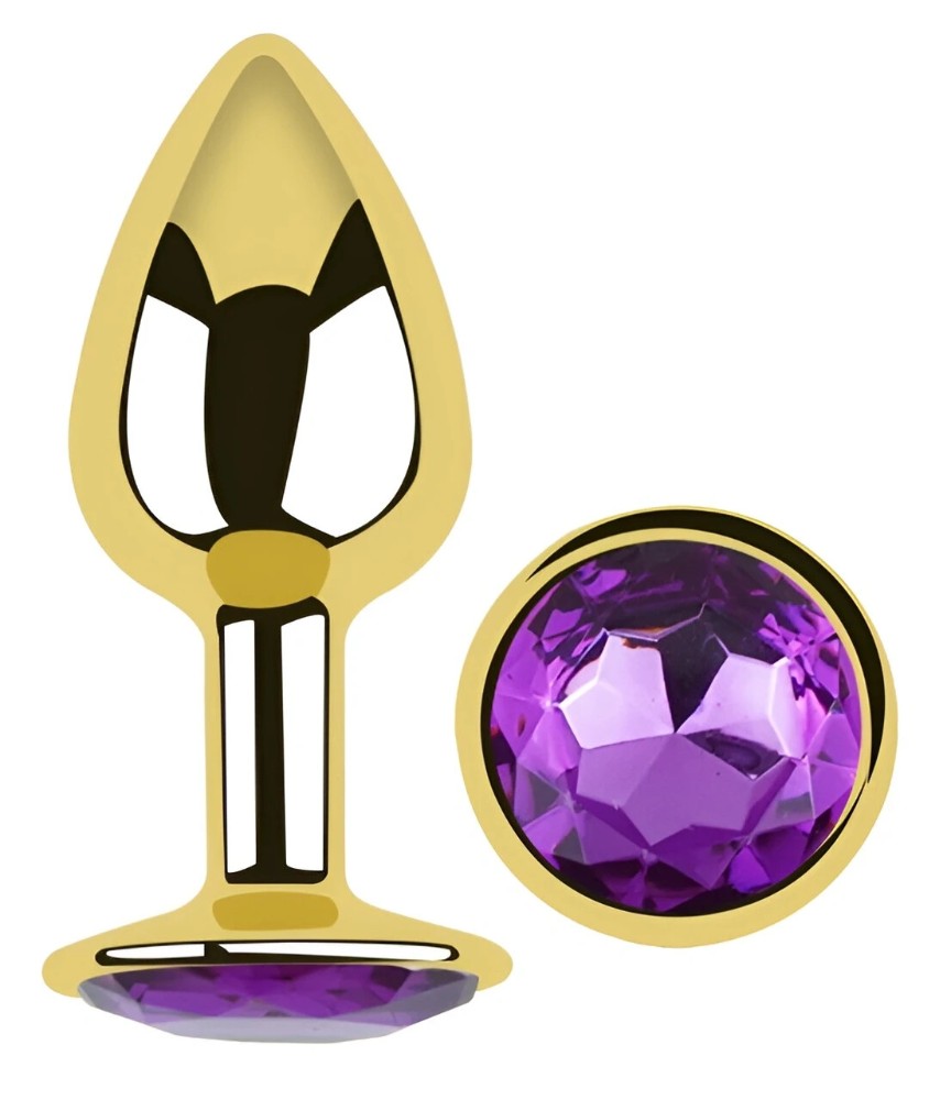 Анальная пробка EGZO Gold Round Plug Purple S, металлическая с фиолетовым кристаллом - зображення 1