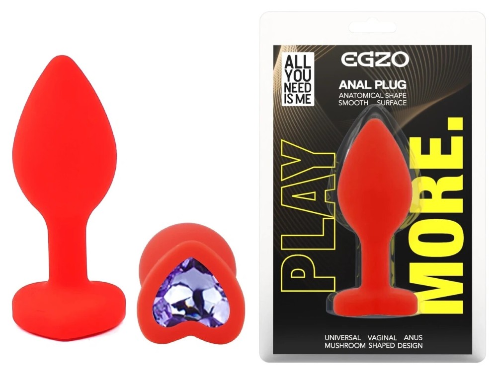 Анальная пробка EGZO Red Heart Plug, красная силиконовая с кристаллом, размер S - зображення 1