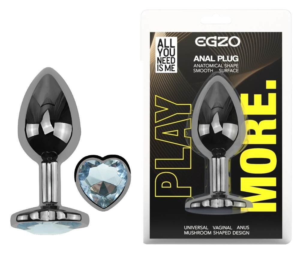 Анальная пробка EGZO Dark Silver Heart Plug S с прозрачным кристаллом в форме сердца - зображення 1
