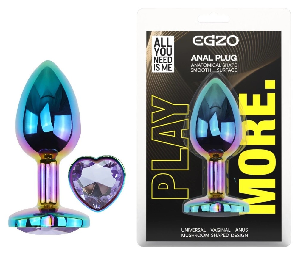 Анальная пробка EGZO Multicolor Heart Plug S с аметистом, металлическая с радужным покрытием - зображення 1
