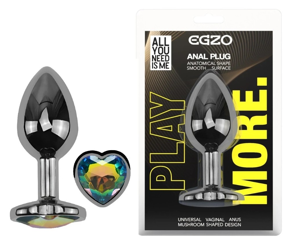 Анальная пробка EGZO Dark Silver Heart Plug S с радужным кристаллом и гладкой поверхностью - зображення 1