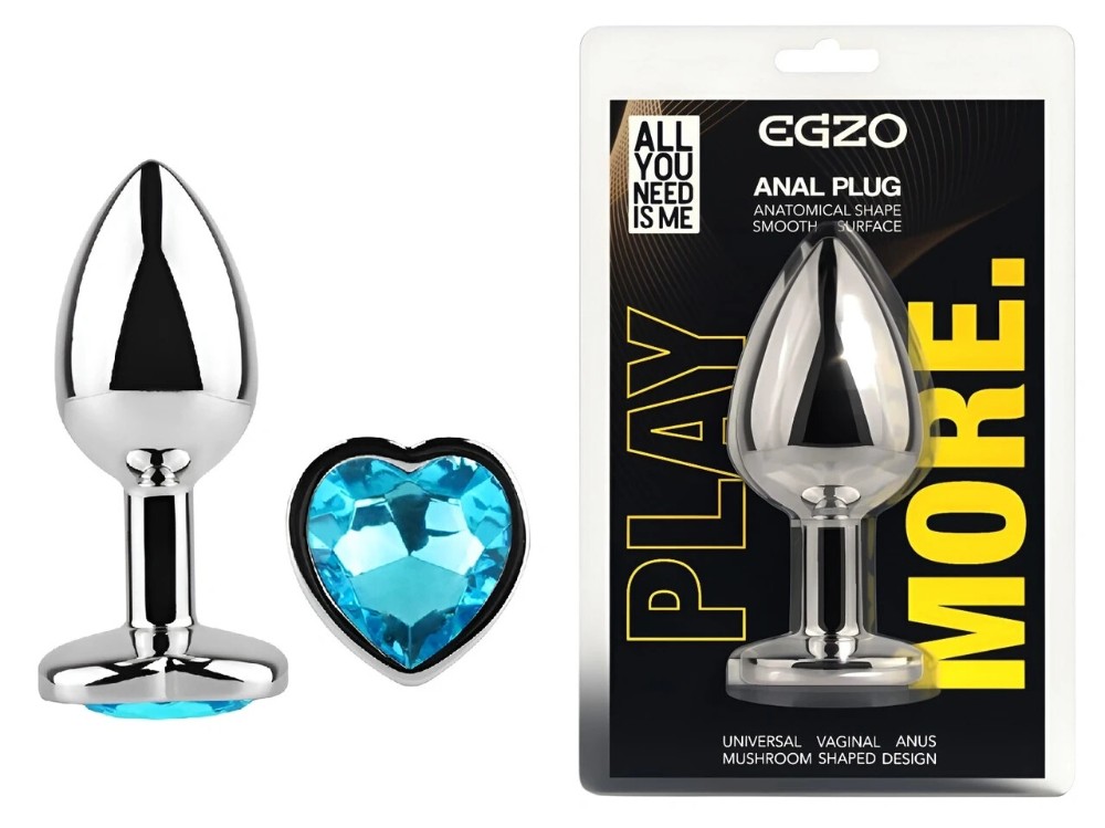 Анальная пробка EGZO Silver Heart Plug Aqua M из стали с синим кристаллом-сердцем - зображення 1