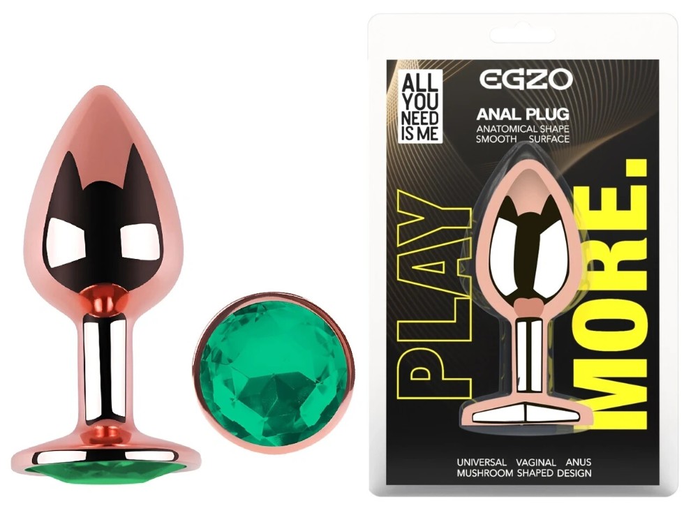 Анальная пробка EGZO Rose Gold Round Plug M из стали с зеленым кристаллом - зображення 1