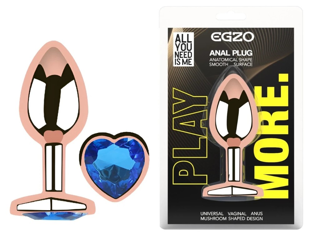 Анальная пробка EGZO Rose Gold Heart Plug с синим кристаллом, металлическая, размер M - зображення 1
