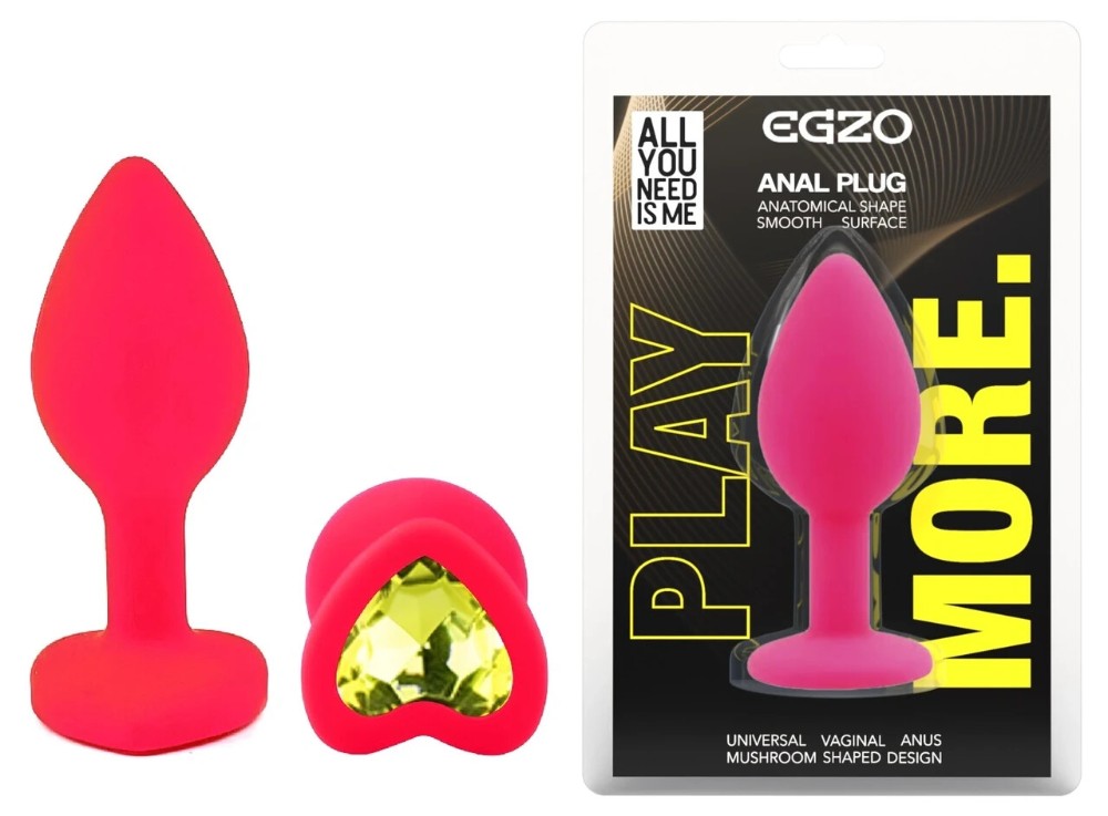 Анальная пробка EGZO Silicone Pink Heart Plug S, розовая, с жёлтым кристаллом - зображення 1