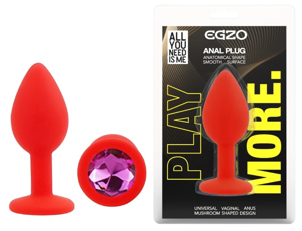Анальный плаг силиконовый EGZO Red Round Plug S с кристаллом, красный - зображення 1