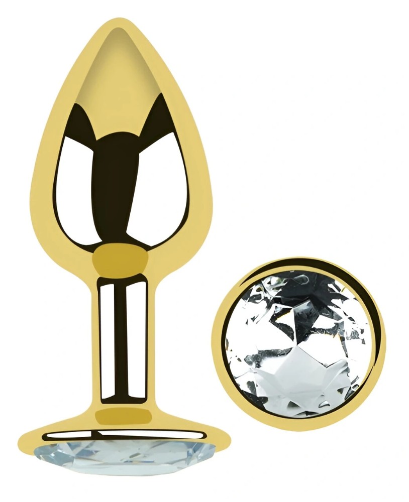 Анальная пробка EGZO Gold S с прозрачным кристаллом из медицинской стали для длительного ношения - зображення 1