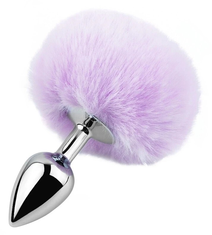 Анальная пробка EGZO Bunny Tail Silver Plug S с пушистым хвостиком, светло-фиолетовая - зображення 1