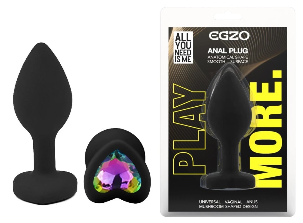 Анальная пробка силиконовая EGZO Black Heart Plug S с радужным кристаллом, черная - зображення 1
