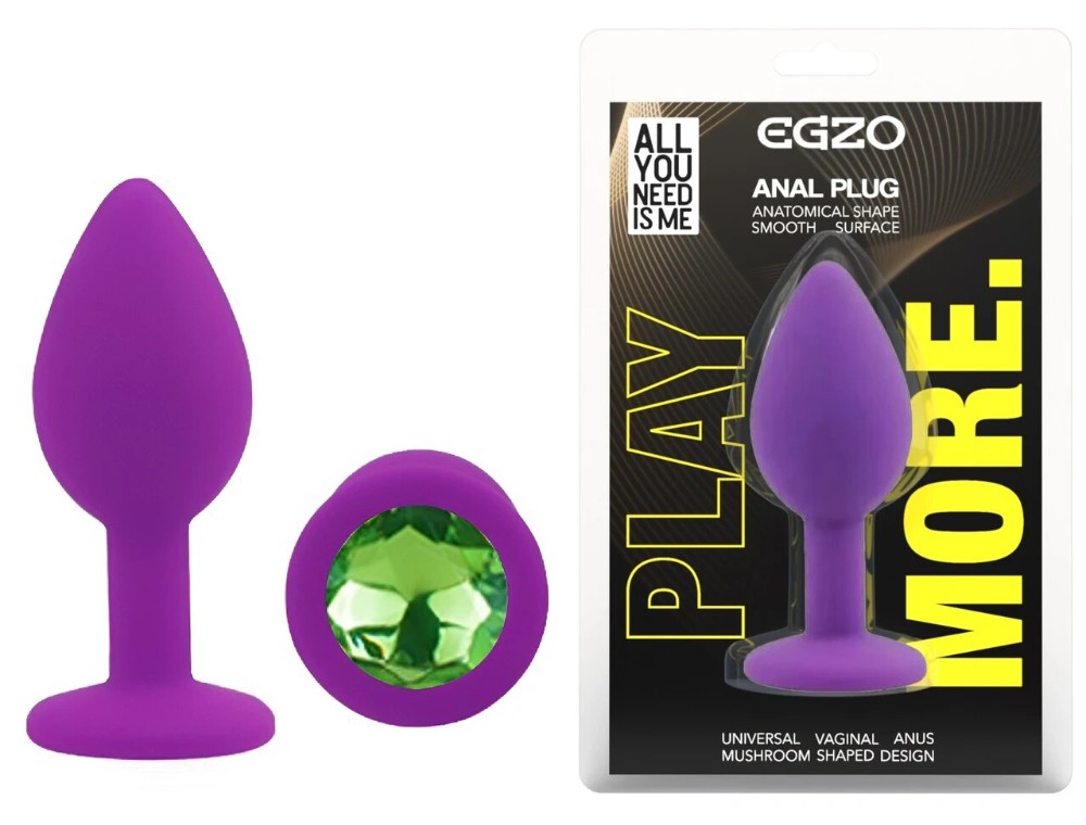 Анальная пробка EGZO Silicone Purple Round Plug S, фиолетовая, силиконовая, с зелёной вставкой - зображення 1