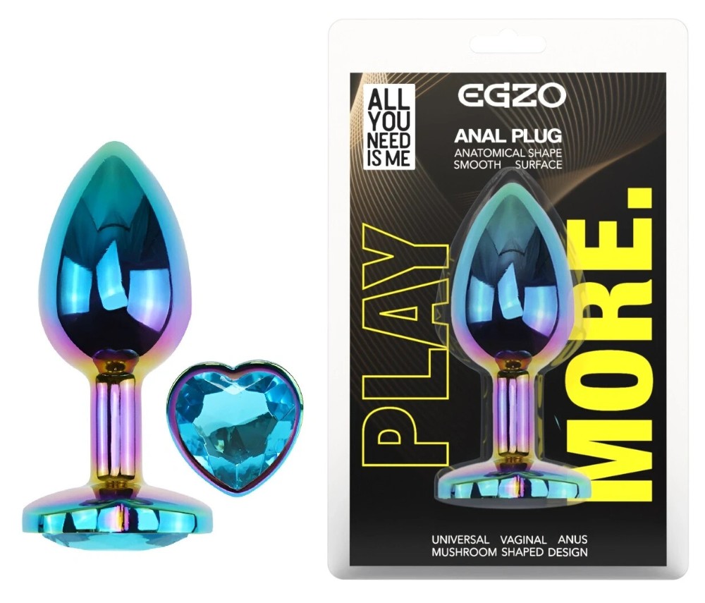 Анальная пробка EGZO Multicolor Heart Plug S с голубым кристаллом, металлическая - зображення 1