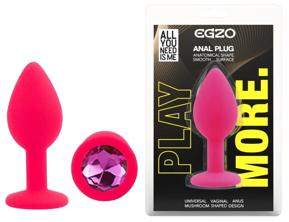 Анальная пробка EGZO Silicone Pink S, розовая силиконовая с кристаллом Aqua, гладкая - зображення 1