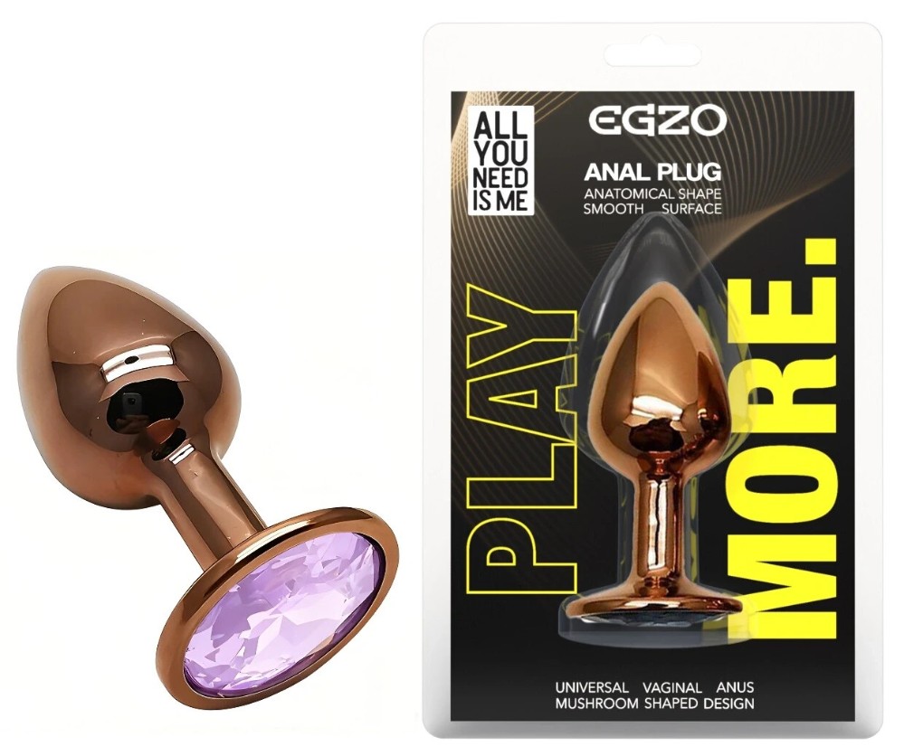 Анальная пробка EGZO Dark Gold с кристаллом аметиста, металлическая анатомическая, размер S - зображення 1