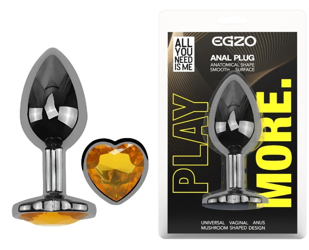 Анальная пробка EGZO Dark Silver Heart Plug M, металлическая с желтым кристаллом - зображення 1