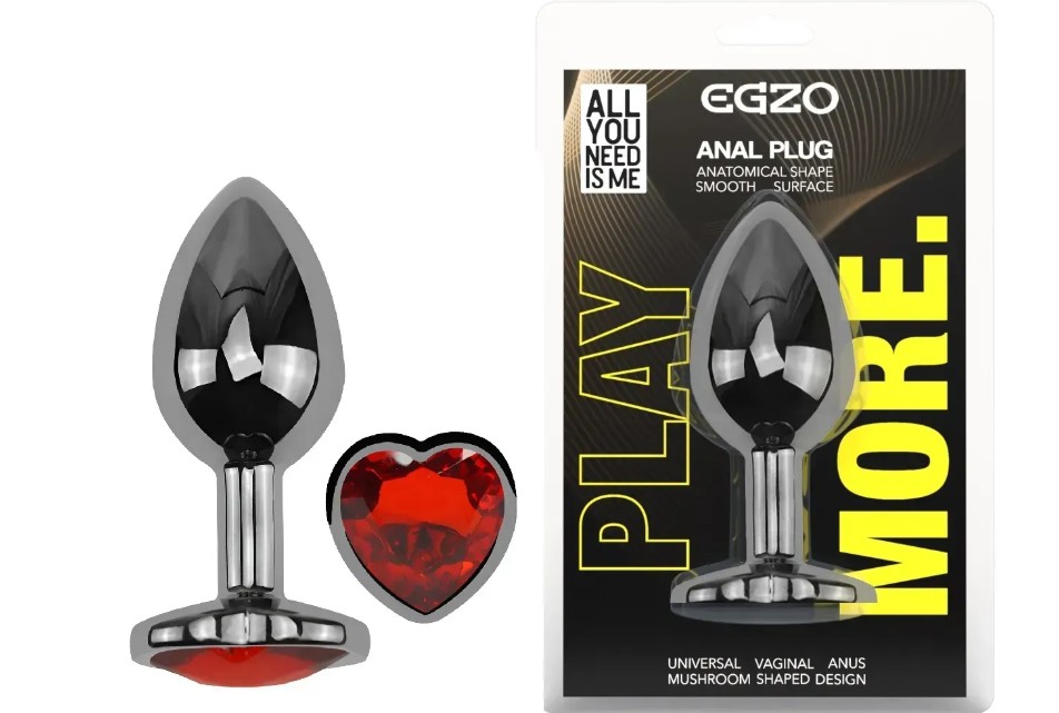 Анальная пробка с кристаллом EGZO - Dark Silver Heart Plug Red size S - зображення 1