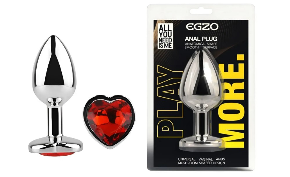 Анальная пробка с кристаллом EGZO - Silver Heart Plug Red size M - зображення 1