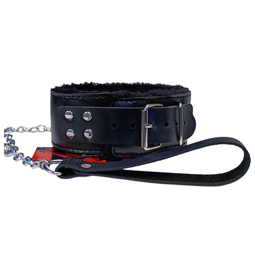 Мягкий черный ошейник "Love leash" с цепочкой-поводком и удобным черным держателем  Экокожа-металл - зображення 1