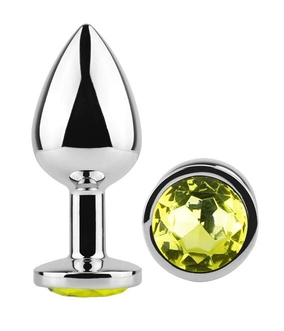 Анальная пробка с кристаллом EGZO Silver Round Plug Lime, серебристая, размер M - зображення 1