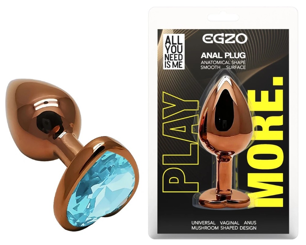 Анальная пробка EGZO Dark Gold Heart Plug Aqua S с голубым кристаллом, розовое золото - зображення 1
