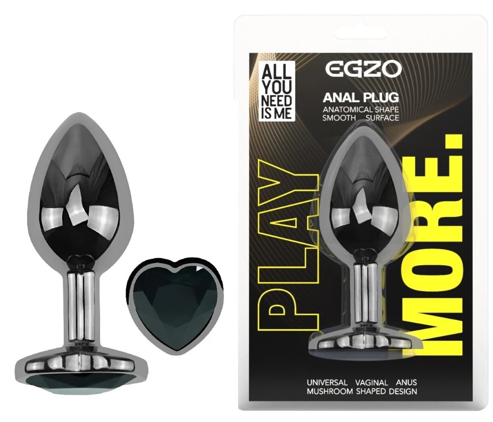 Анальная пробка EGZO Dark Silver Heart Plug S с кристаллом, металлическая, черная - зображення 1