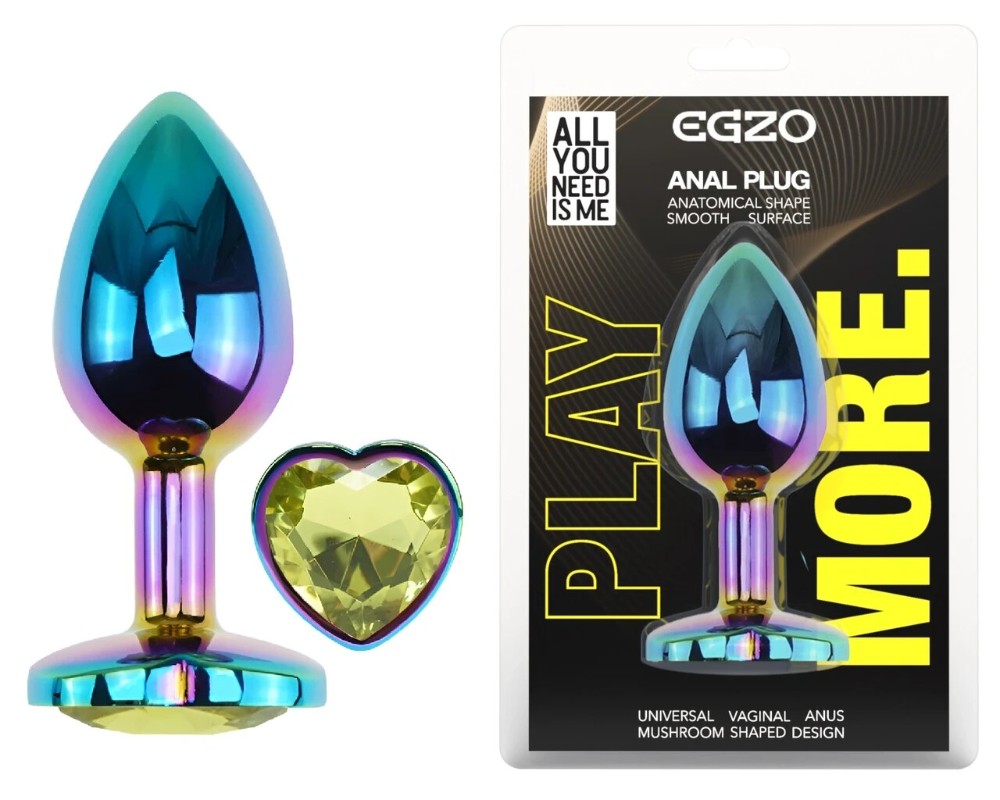 Анальная пробка EGZO Multicolor Heart Plug M с кристаллом, металлическая радужная - зображення 1