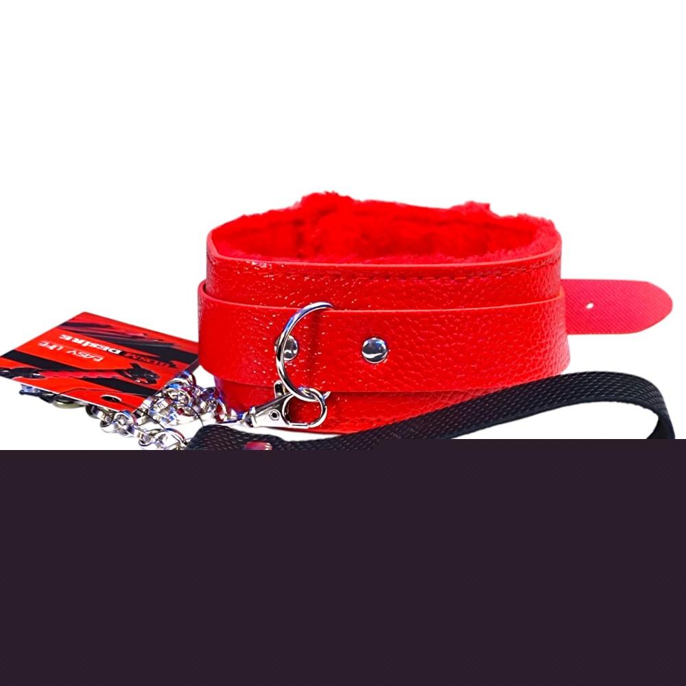 Мягкий красный ошейник "Love leash" с цепочкой-поводком и удобным черным держателем  Экокожа-металл - зображення 1
