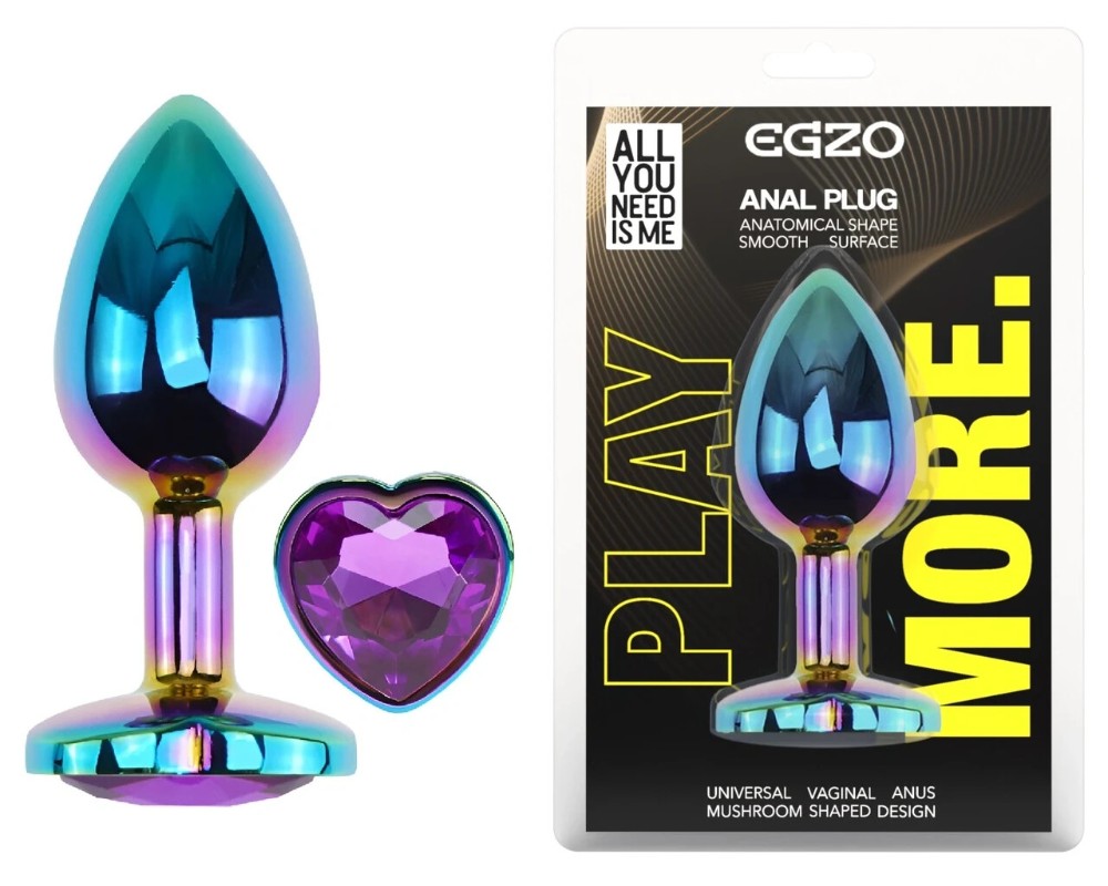 Анальная пробка EGZO Multicolor Heart Plug фиолетовая, металлическая, размер M - зображення 1