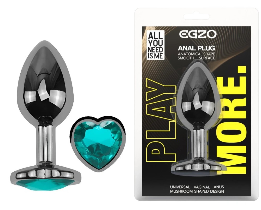 Анальная пробка EGZO Dark Silver M, металлическая анатомичная, с бирюзовым кристаллом - зображення 1