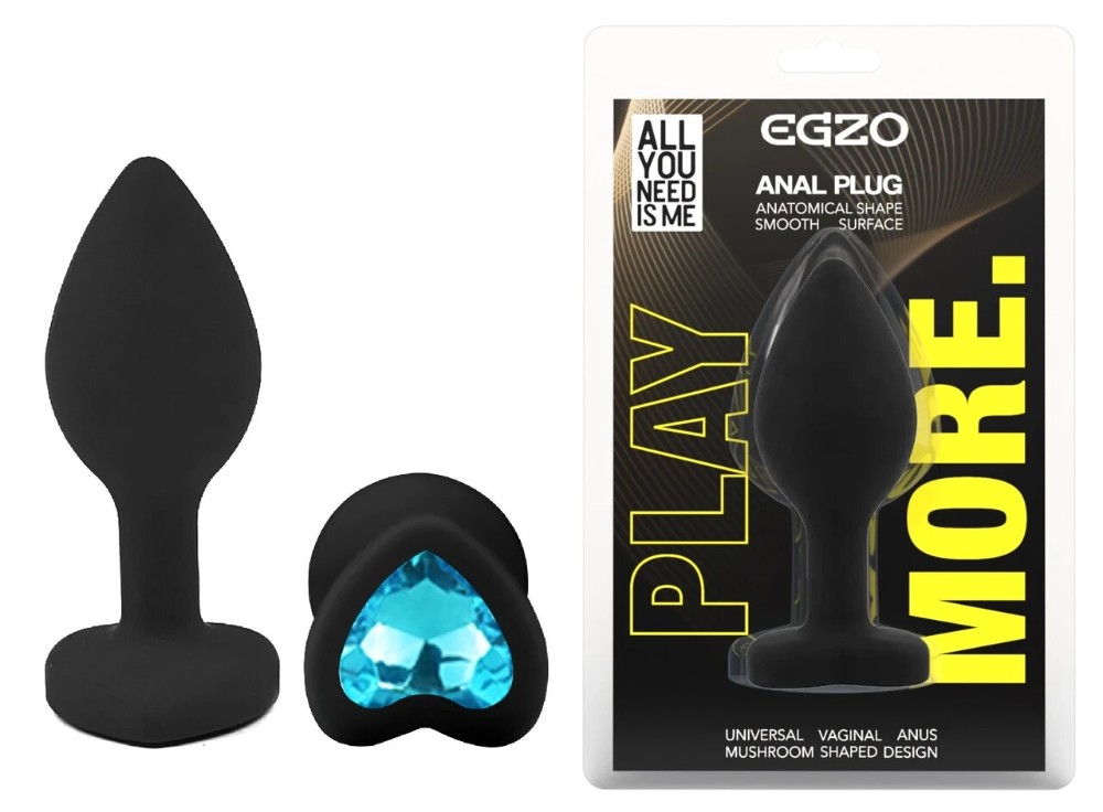 Анальная пробка EGZO Black Heart Plug S с синим кристаллом, медицинский силикон - зображення 1