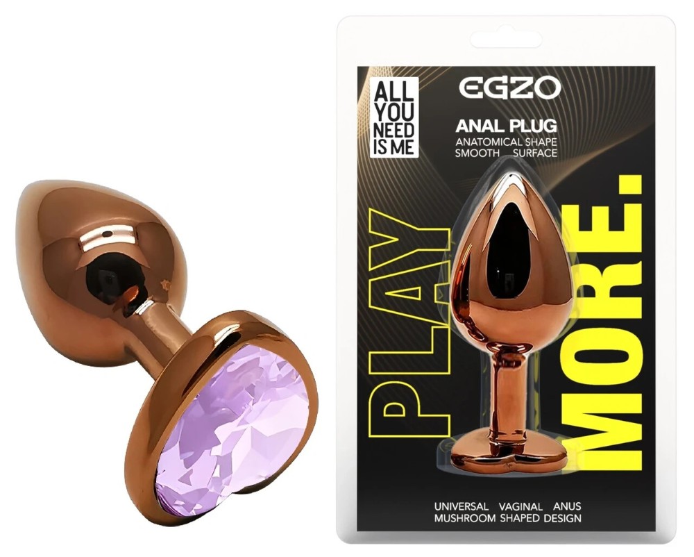 Анальная пробка анатомическая металлическая EGZO Dark Gold Heart Plug S с аметистовым кристаллом - зображення 1