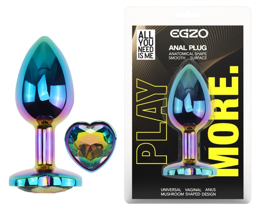 Анальная пробка EGZO Multicolor Heart Plug, радужный металлический плаг с кристаллом, размер M - зображення 1