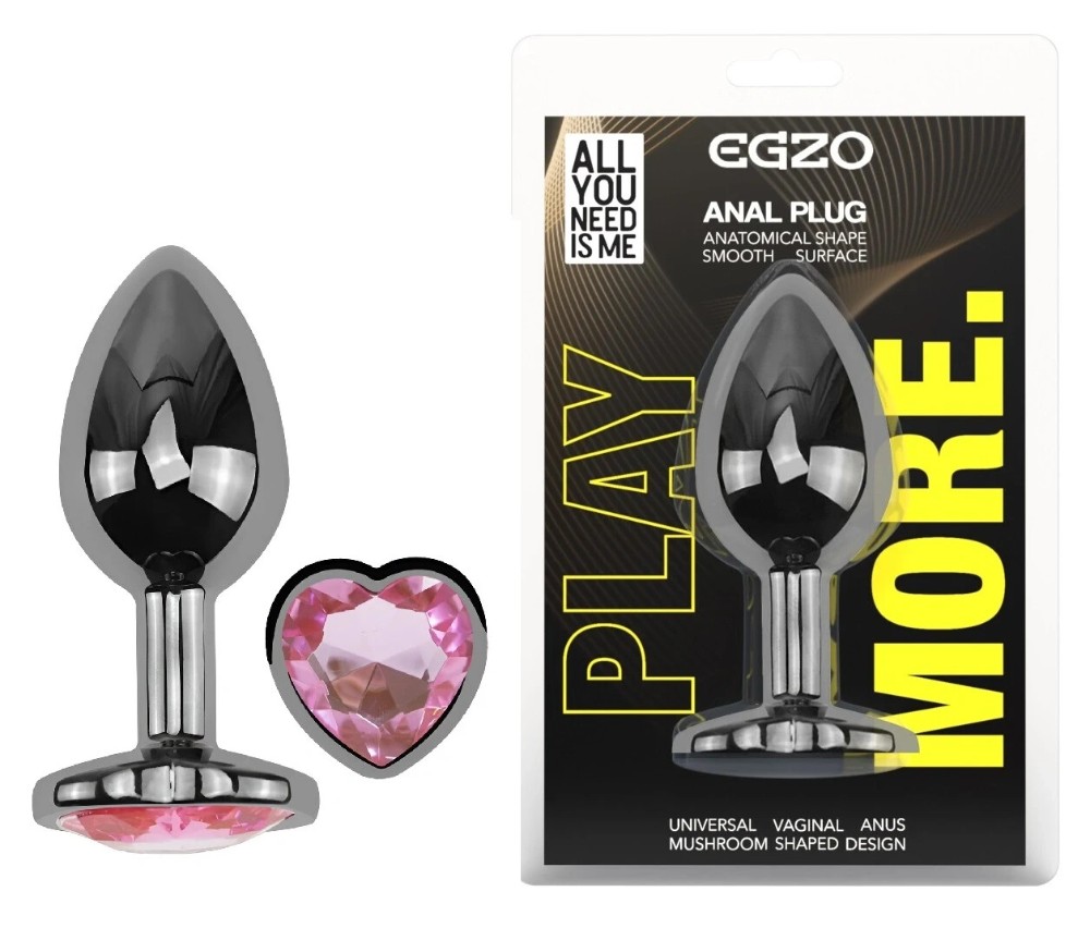 Анальная пробка EGZO Dark Silver Heart Plug S металлическая темно-серебристая с розовым сердцем - зображення 1