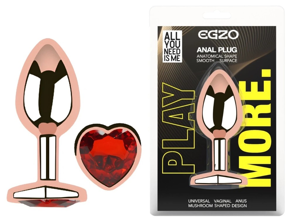 Анальная пробка EGZO Rose Gold Heart M, стальная с красным кристаллом, розовое золото - зображення 1