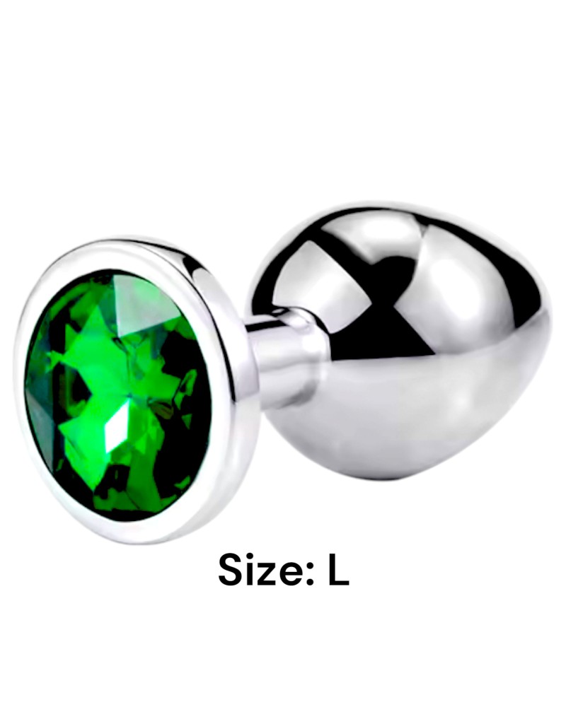 Металлическая анальная втулка Silver, green crystal, размер L - зображення 1