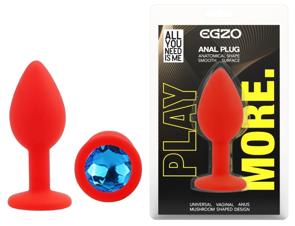 Анальная пробка EGZO Silicone Red Round Plug S, силиконовая, с голубым кристаллом - зображення 1