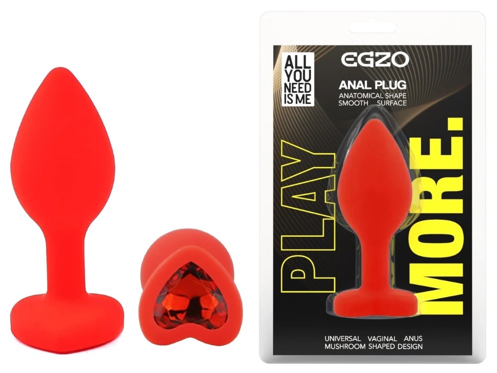 Анальная пробка EGZO Silicone Red Heart Plug S с кристаллом, красная силиконовая игрушка - зображення 1