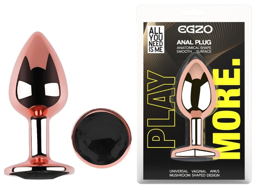 Анальная пробка EGZO Rose Gold M с черным кристаллом, гладкая металлическая анатомическая - зображення 1