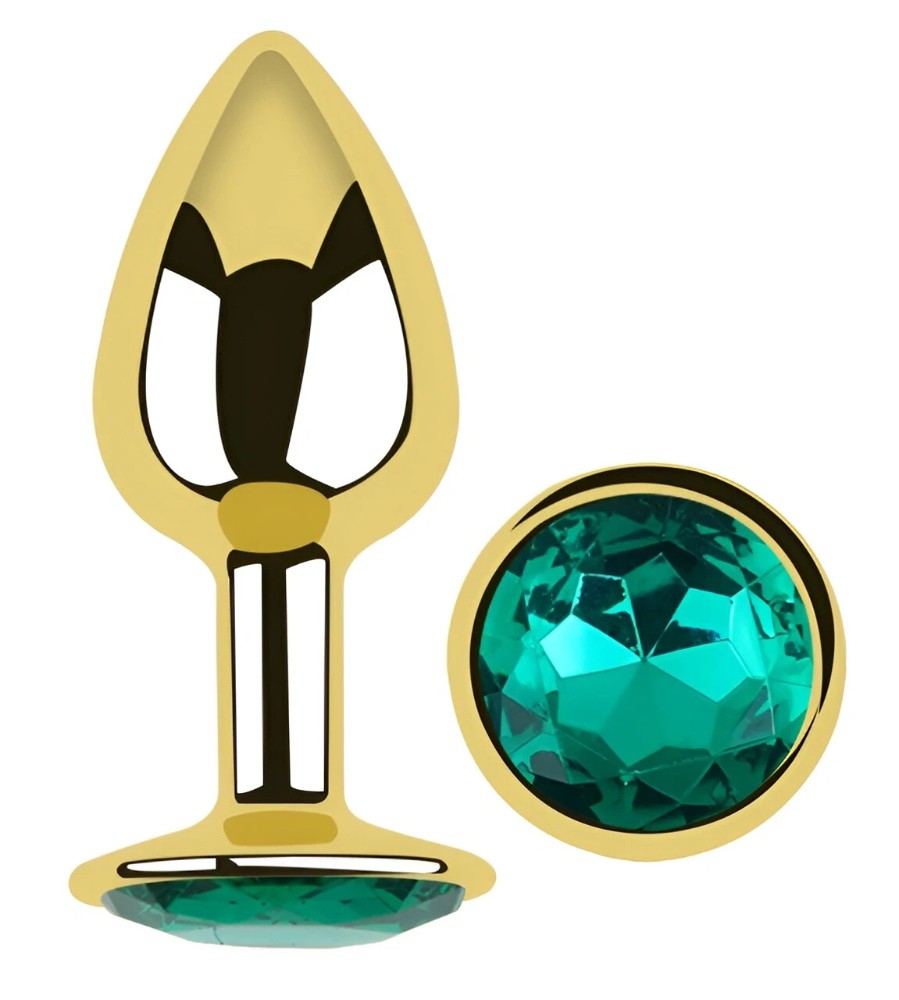 Анальная пробка EGZO Gold Round Plug S с зеленым кристаллом, гладкая металлическая основа - зображення 1