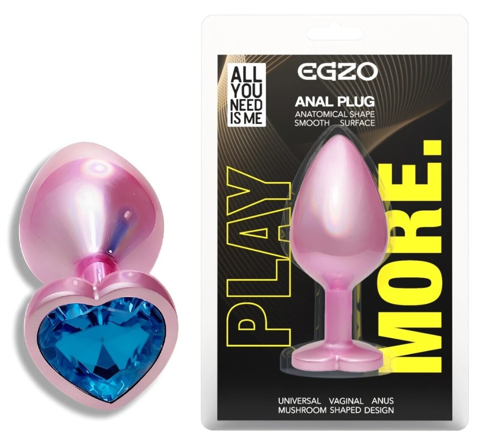 Анальная пробка EGZO Pink Perl Heart Plug S, розовая металлическая с синим кристаллом - зображення 1