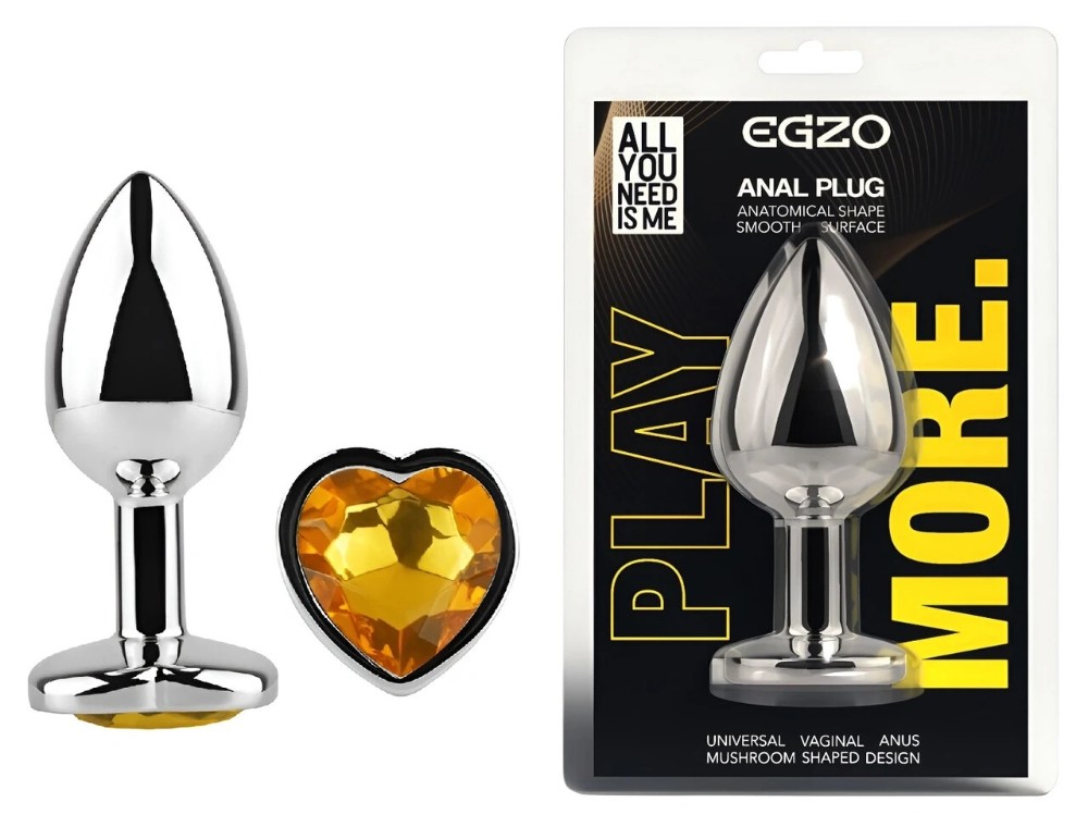 Анальная пробка EGZO Silver Heart Plug Yellow size M с желтым кристаллом - зображення 1