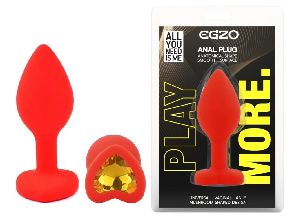 Анальная пробка EGZO Red Heart Plug S с кристаллом, красная, из медицинского силикона - зображення 1