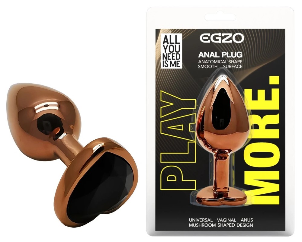 Анальная пробка EGZO с кристаллом Dark Gold Heart Plug, металлическая, чёрный кристалл - зображення 1