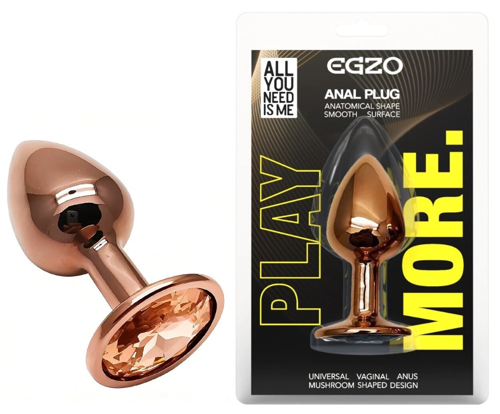 Анальная пробка EGZO Dark Gold с кристаллом, гладкая металлическая, размер S, 70×28 мм - зображення 1